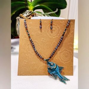 🤑3/$18 Hand Beaded Fish Necklace n Earrings